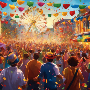 An image depicting a vibrant carnival scene, with colorful confetti raining down upon a joyous crowd
