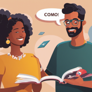 An image showing two people: one with a puzzled expression, holding a language book titled "Tal´", while the other person, smiling, holds a book titled "Cómo Estás" and points to a conversation bubble connecting them