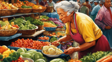 An image featuring colorful illustrations of a selective eater wrinkling their nose at a plate of food, a person meticulously sorting through a pile of clothes, and a customer meticulously examining fruits and vegetables at a market
