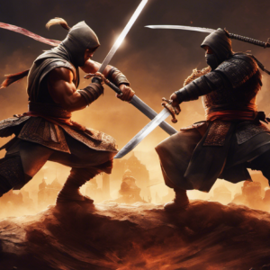 An image showcasing a fierce battle between a towering, muscular warrior (Vs) and a petite, cunning ninja (Poquito)