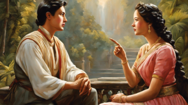 An image that depicts a lively conversation between two people, one gesturing with an open palm and raised eyebrows, while the other leans forward, listening attentively with a pensive expression