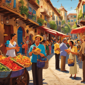 An image featuring a vibrant Spanish market scene, with locals engaging in animated conversations, exchanging smiles, and using expressive hand gestures to inquire about each other's day, showcasing the cultural significance of asking "How Was Your Day?" in Spanish